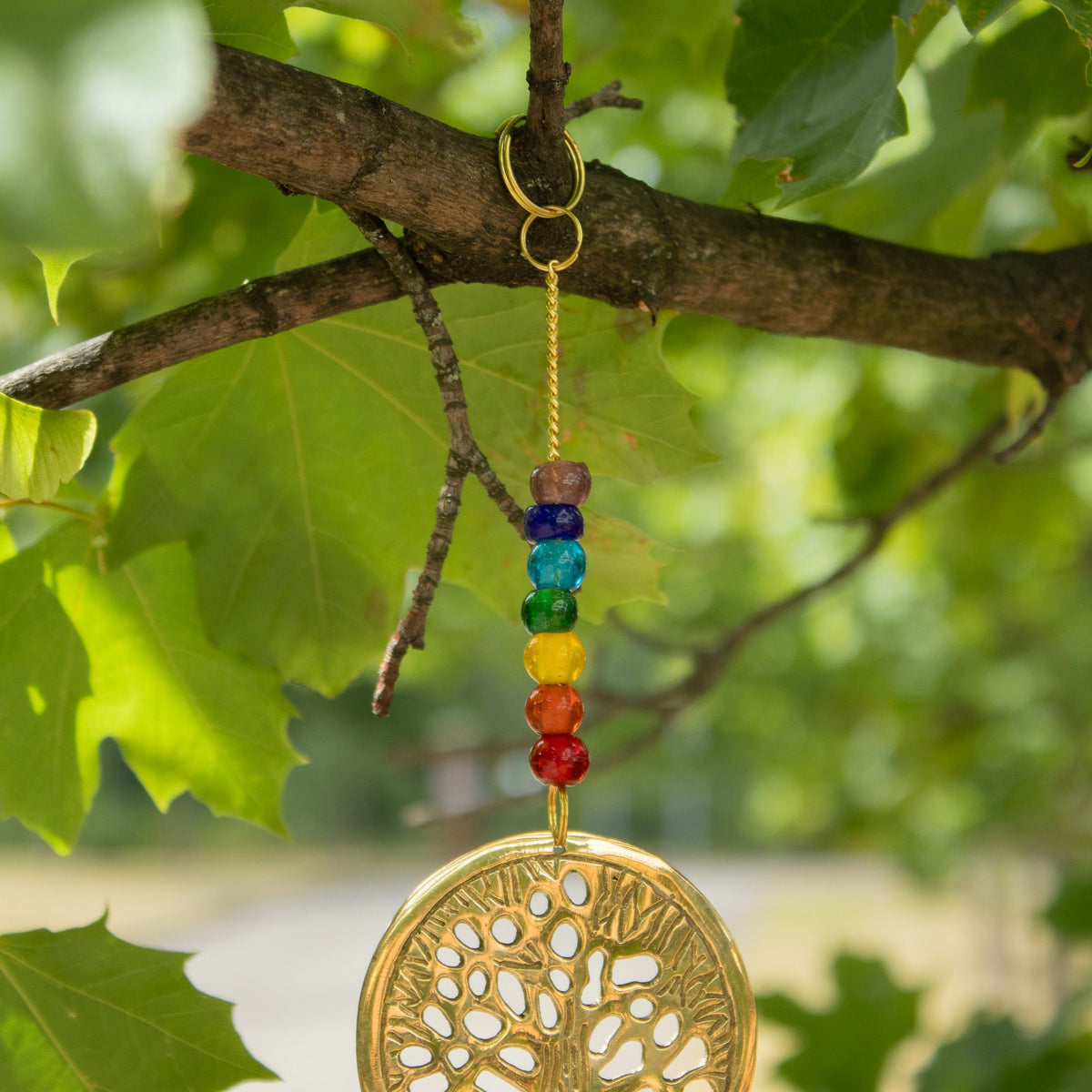 Messing-Glockenspiel Lebensbaum mit Chakra-Perlen – 3 Glocken