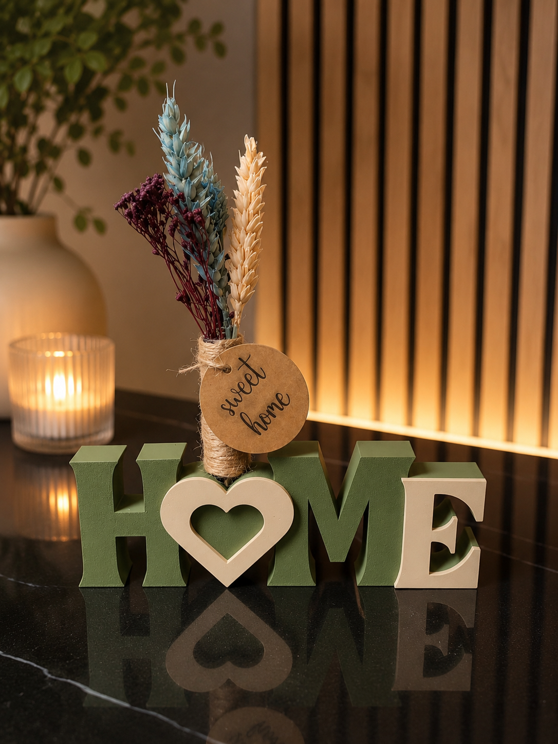 Schriftzug Home – Olivgrün/Beige