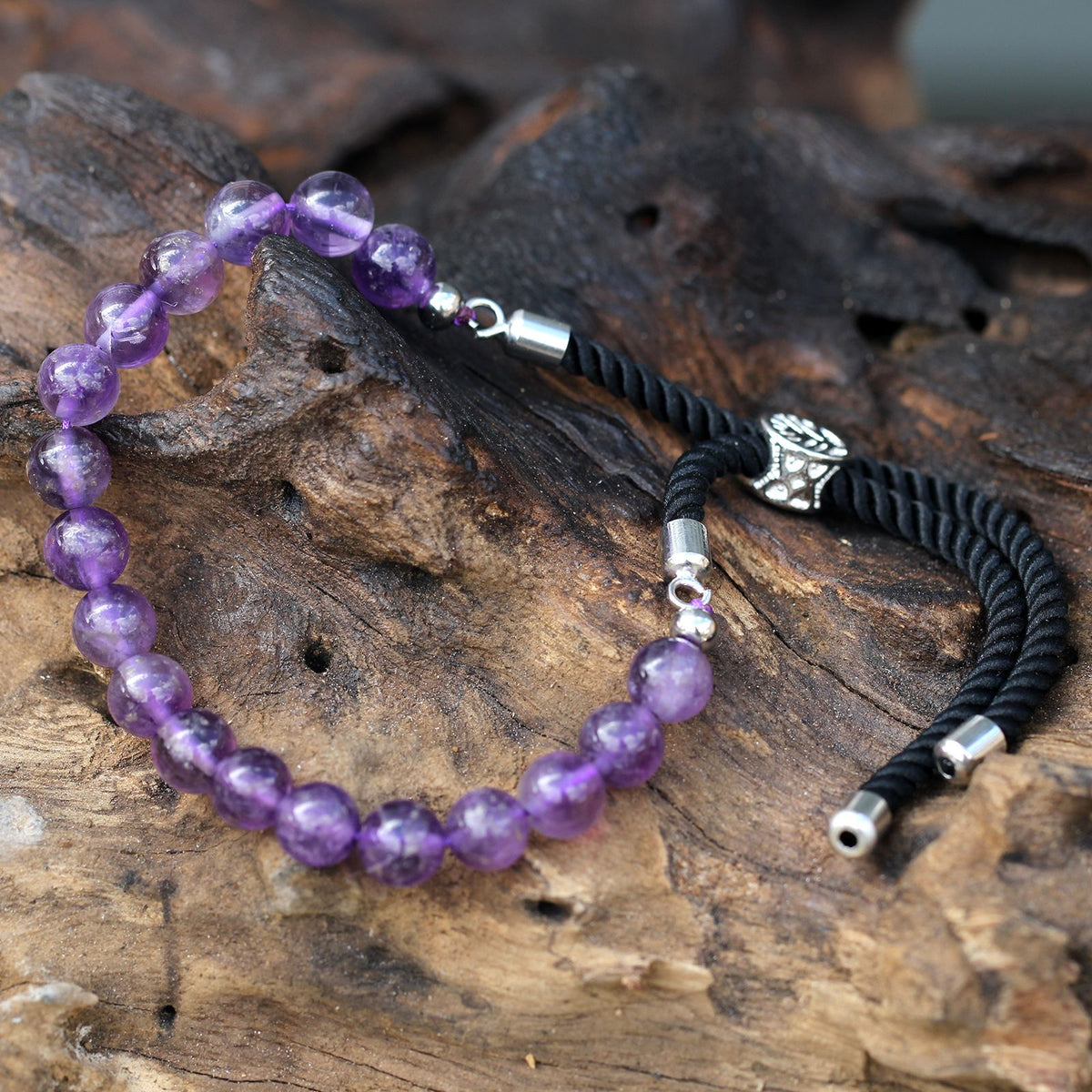 Armband – Edelstein Schnur versilbert schwarz – Amethyst