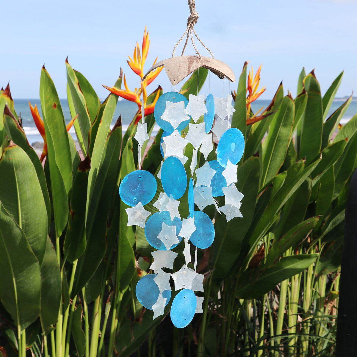 Windspiel Kokos & Capiz – Sterne Blau/Weiß – 30 cm
