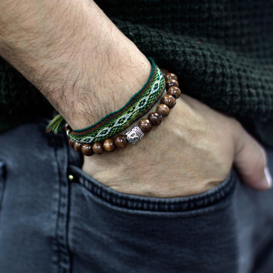 Armreif – Holzperlen braun mit Buddha