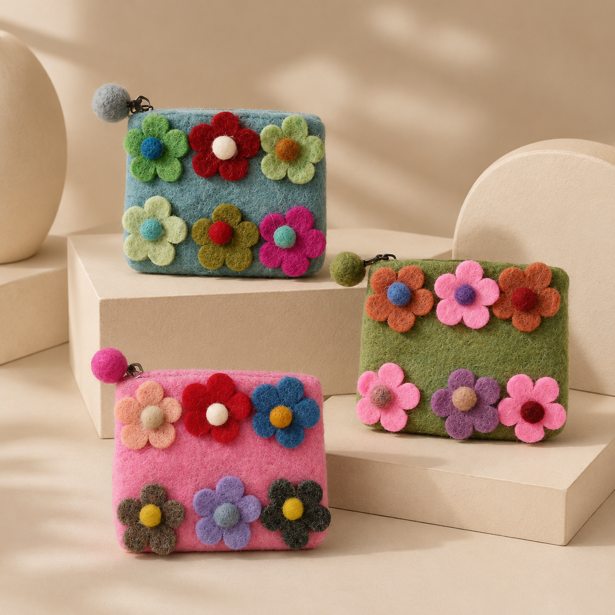 Filz-Täschchen – Sechs Blumen – 3er-Set
