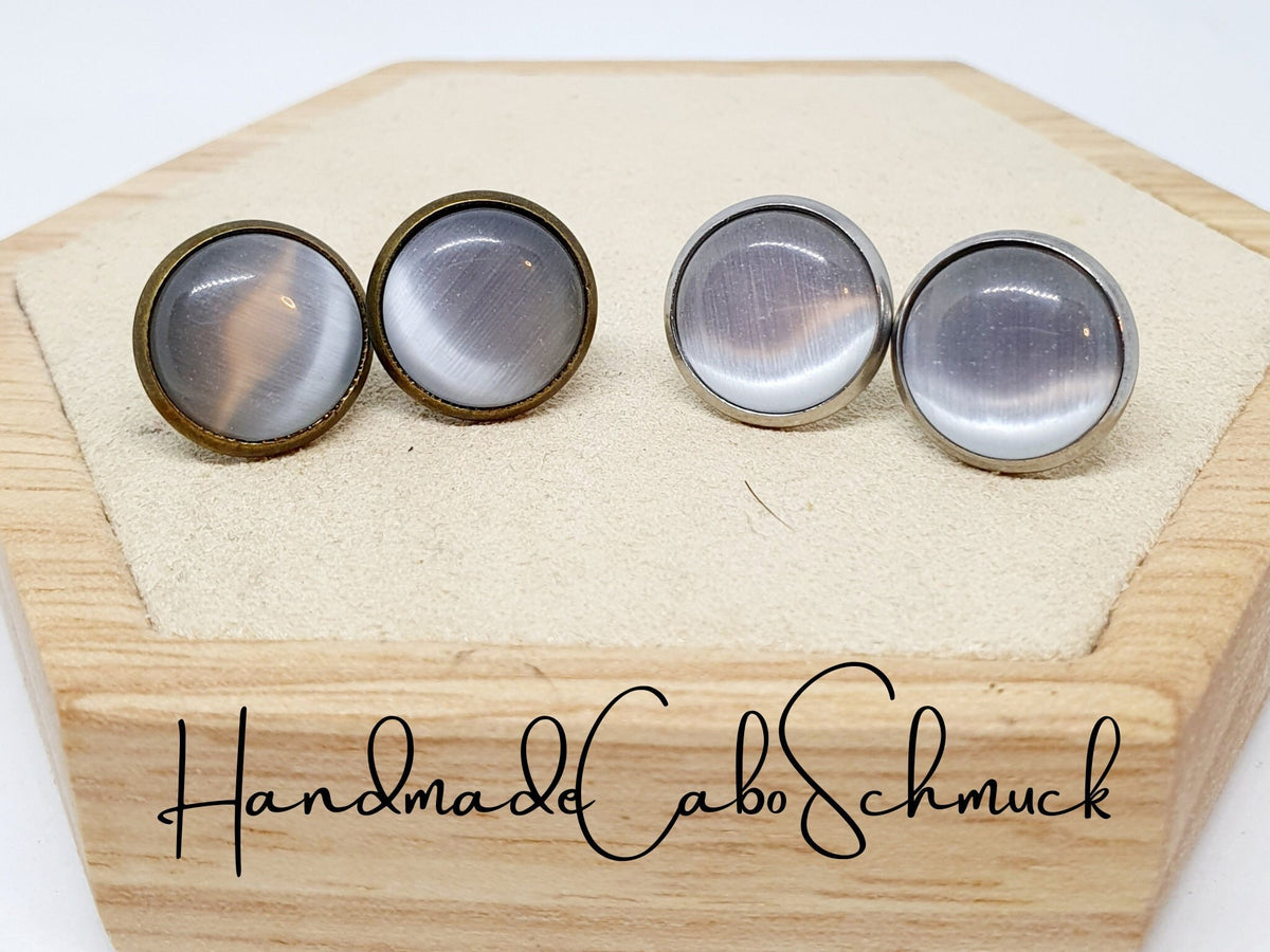 Ohrringe „Cateye Weiß Grau Silber“ – 12 mm