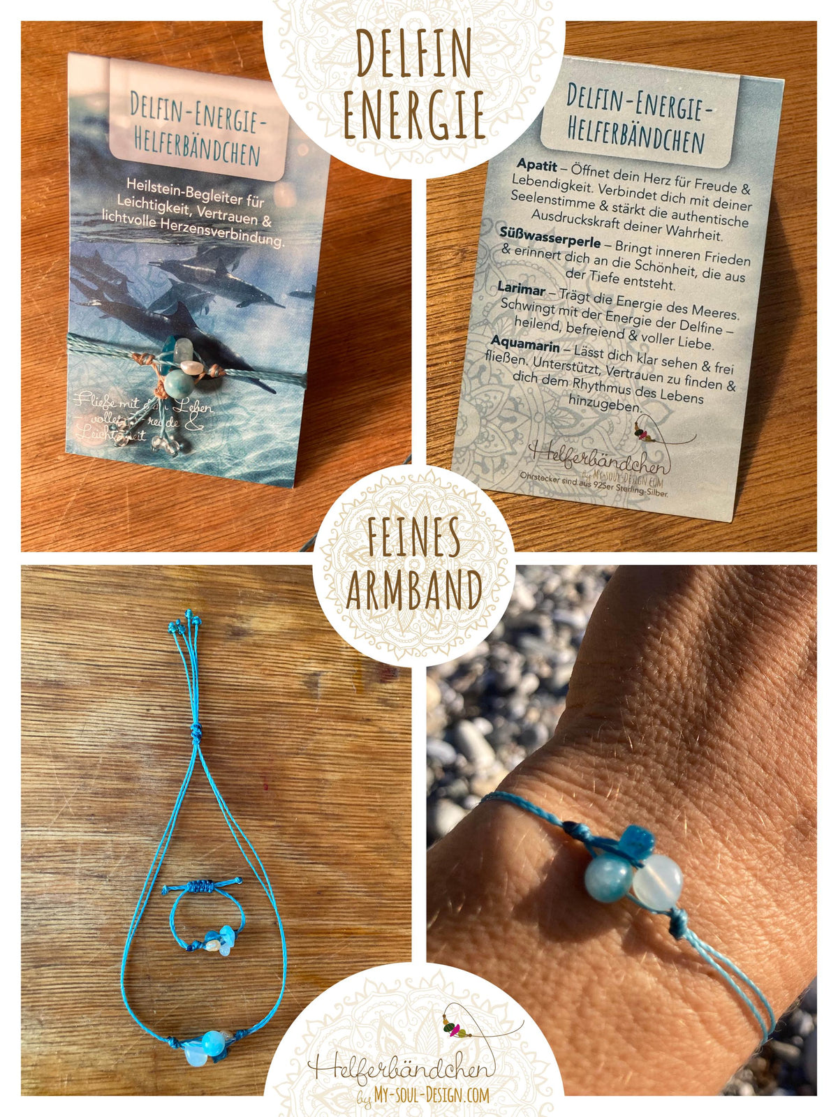 Helferbändchen® Delfin-Energie – Edelsteinschmuck mit Aquamarin, Larimar, Apatit und Süßwasserperle