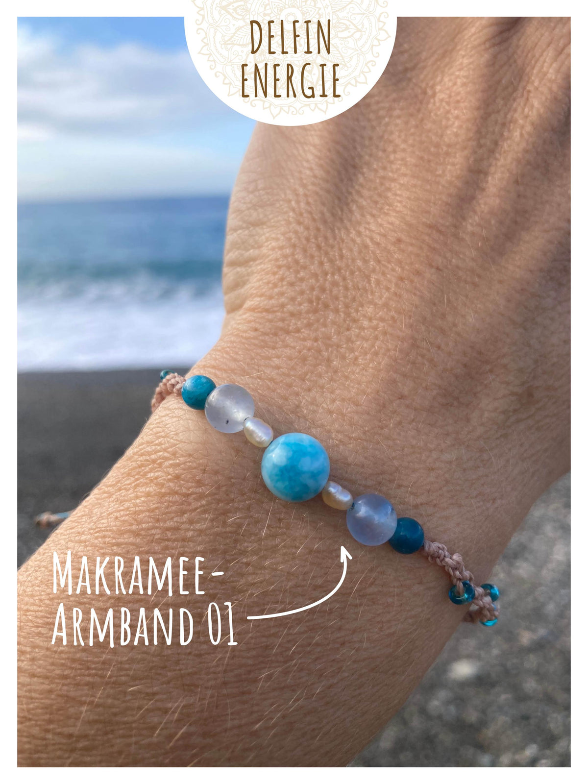 Helferbändchen® Delfin-Energie – Edelsteinschmuck mit Aquamarin, Larimar, Apatit und Süßwasserperle