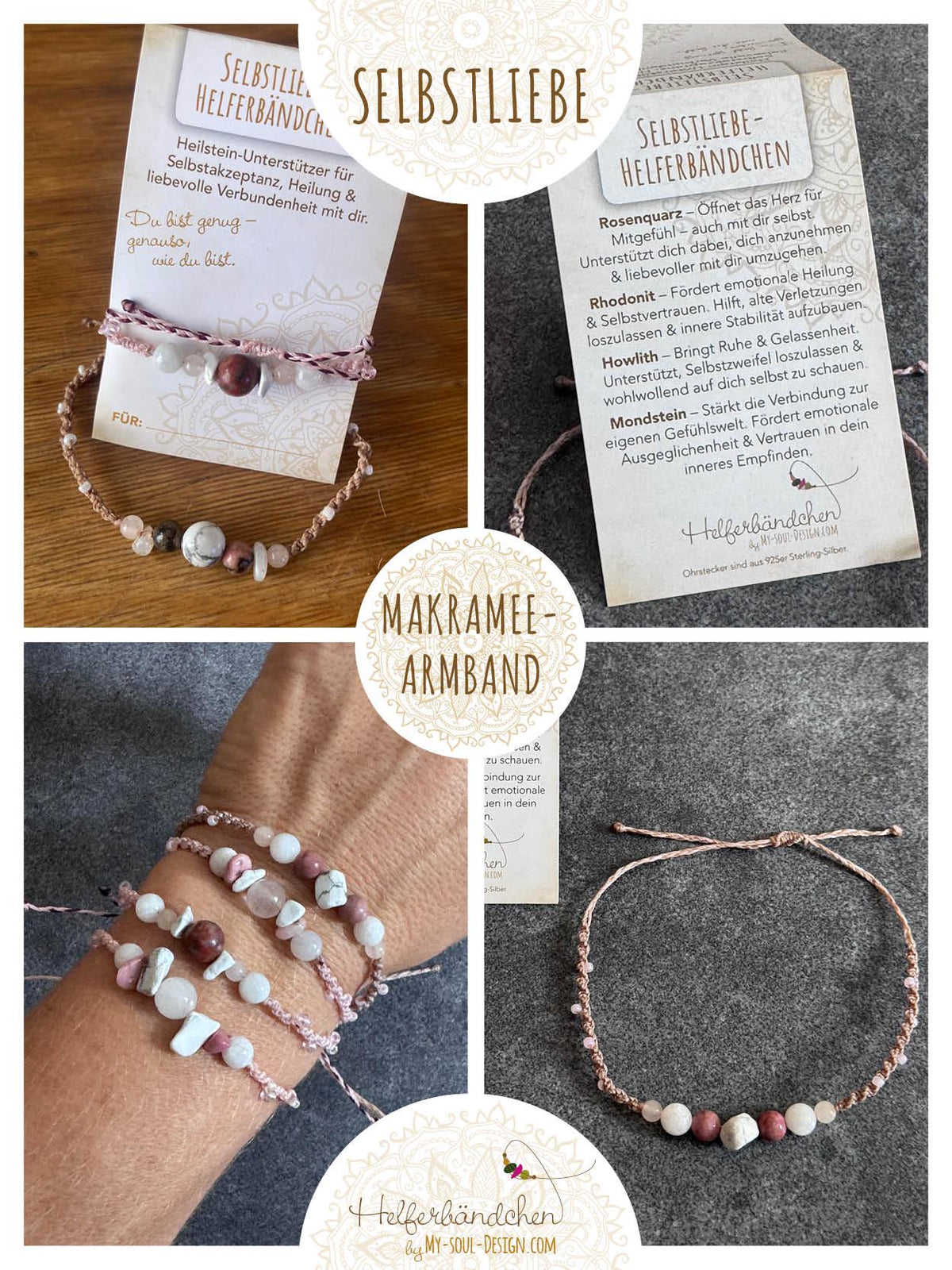 Helferbändchen® Selbstliebe – Edelsteinschmuck mit Rosenquarz, Rhodonit, Howlith und Mondstein