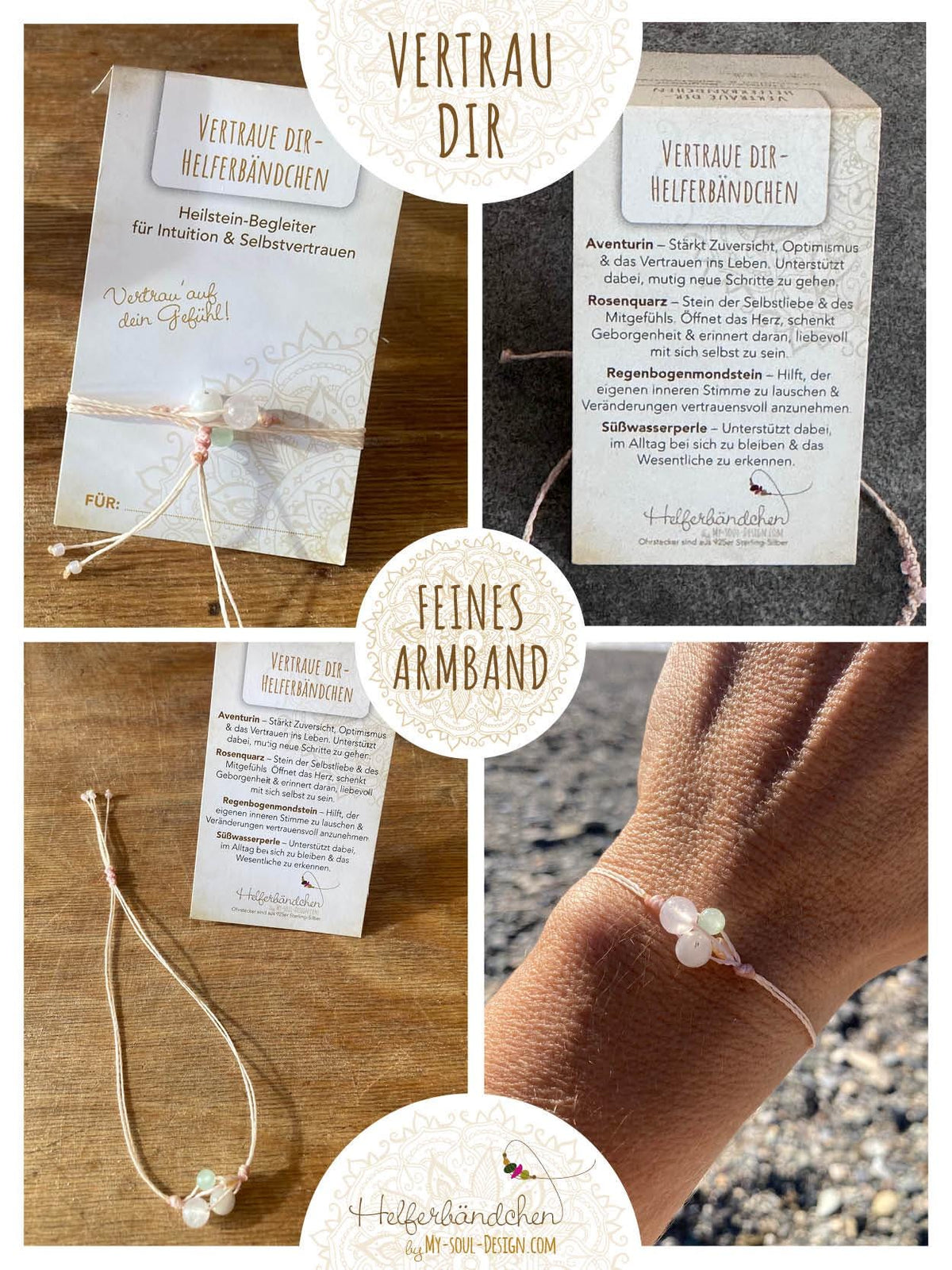 Helferbändchen® Vertrau Dir – Edelsteinschmuck mit Aventurin, Rosenquarz, Regenbogenmondstein und Süßwasserperle