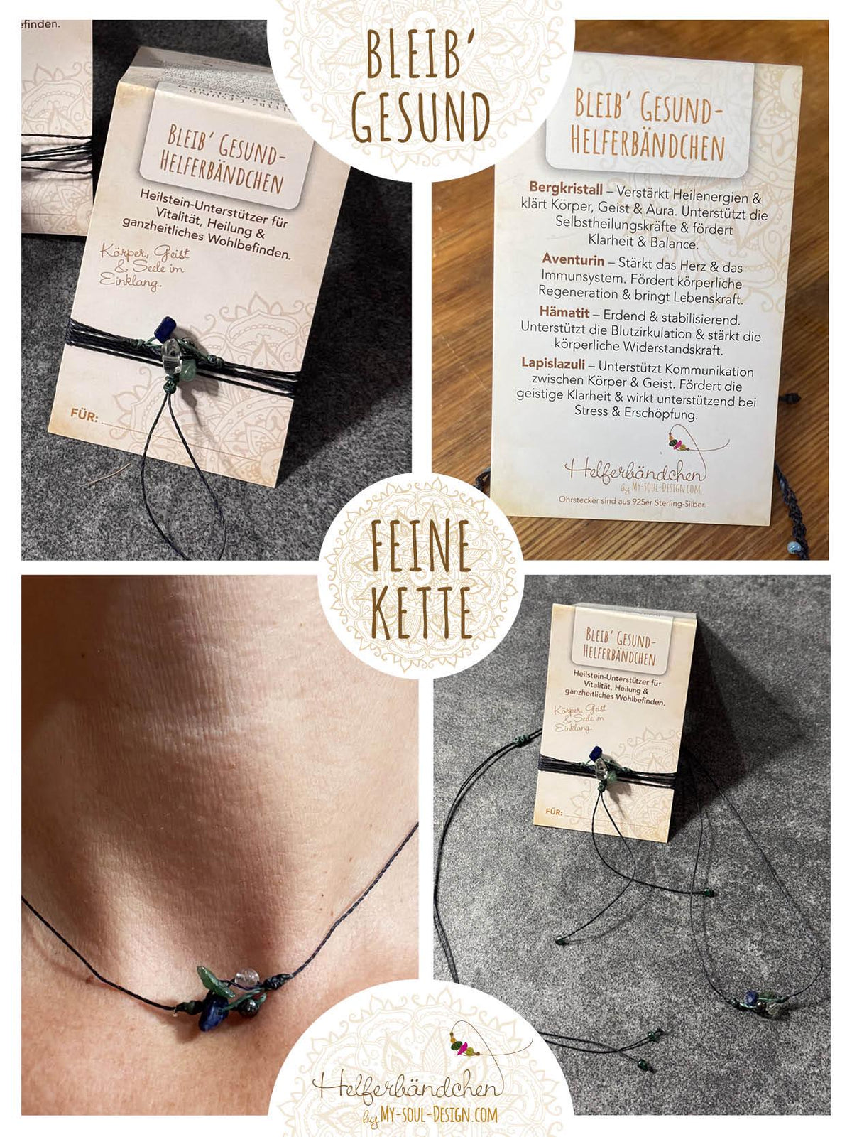 Helferbändchen® Genesungswünsche – Edelsteinschmuck mit Bergkristall, Aventurin, Hämatit und Lapislazuli