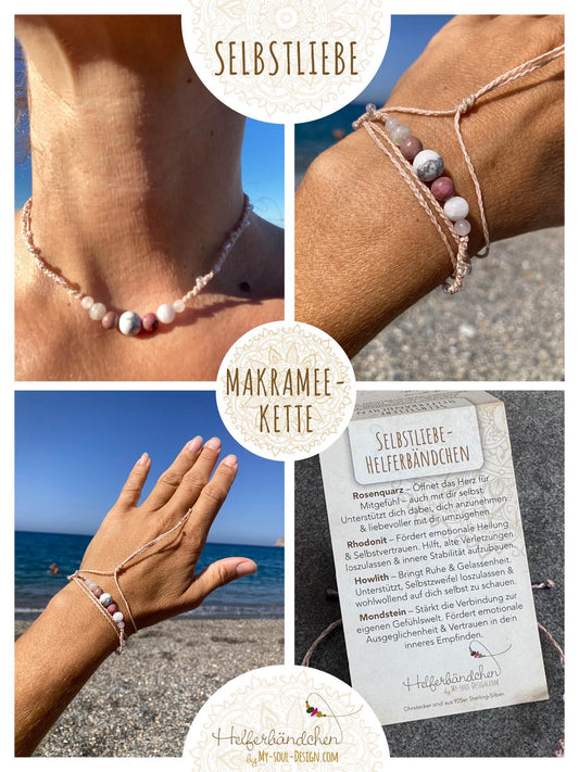Helferbändchen® Selbstliebe – Edelsteinschmuck mit Rosenquarz, Rhodonit, Howlith und Mondstein