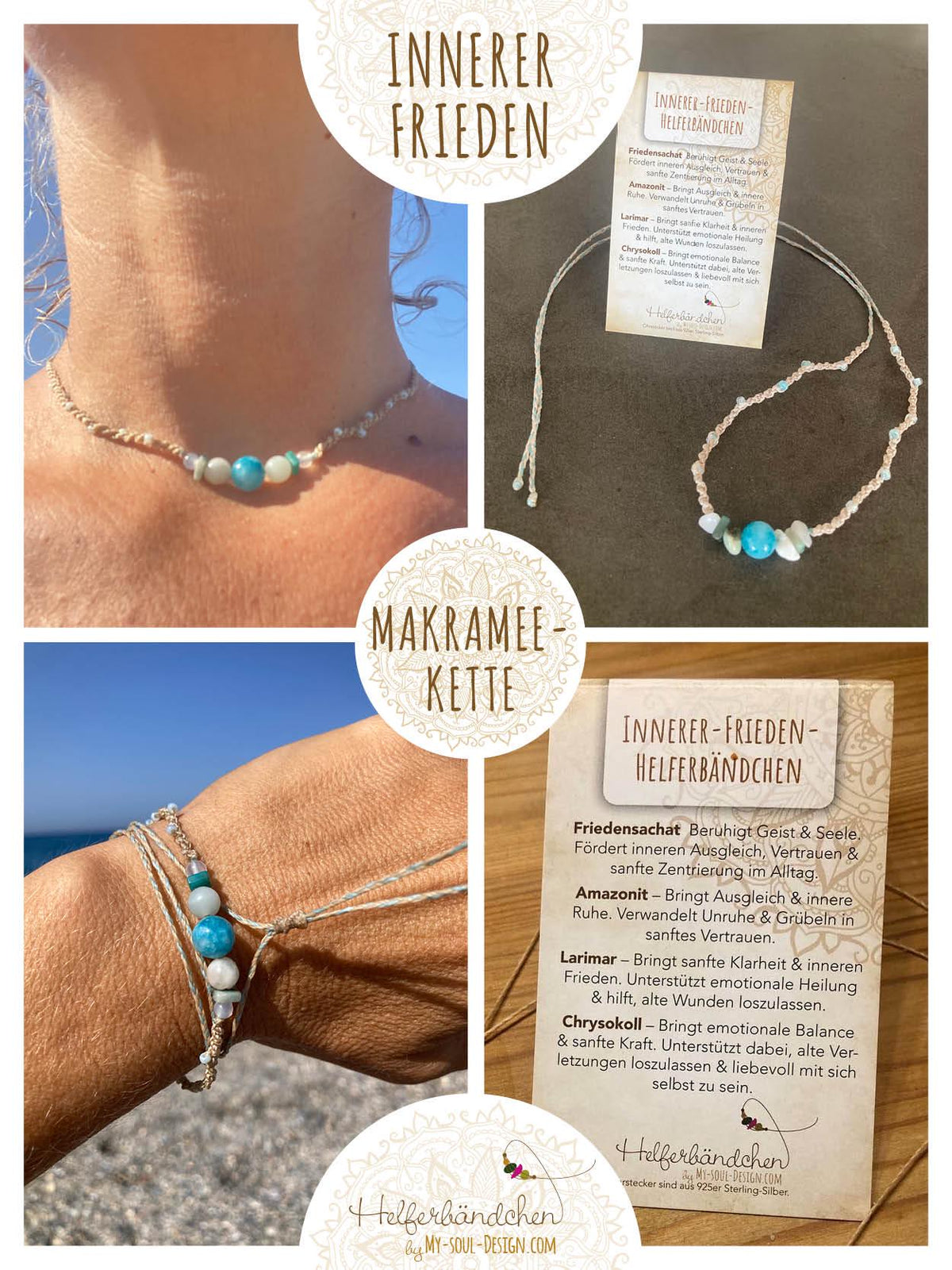 Helferbändchen® Innerer Frieden – Edelsteinschmuck mit Friedensachat, Amazonit, Larimar und Chrysokoll