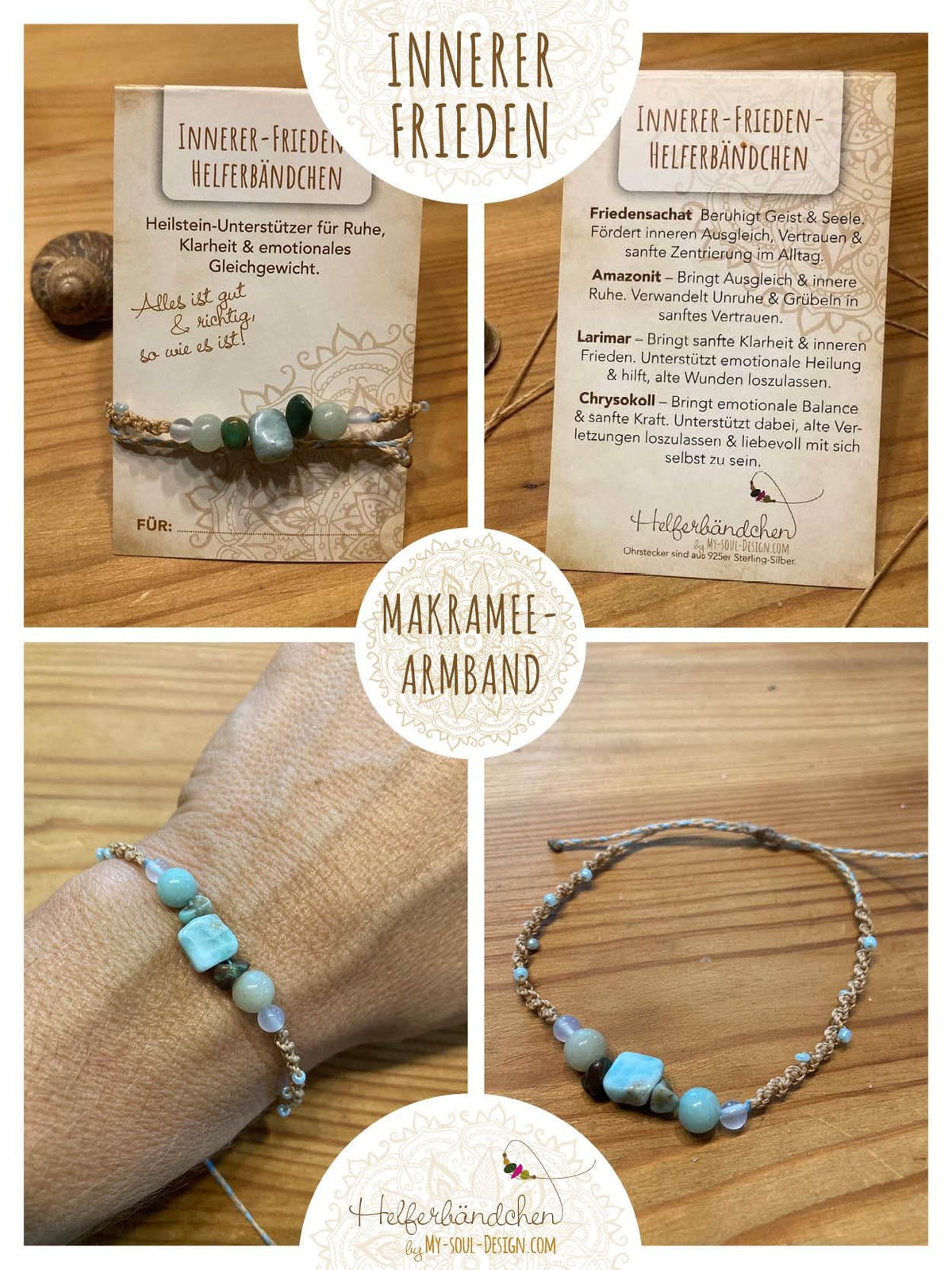 Helferbändchen® Innerer Frieden – Edelsteinschmuck mit Friedensachat, Amazonit, Larimar und Chrysokoll