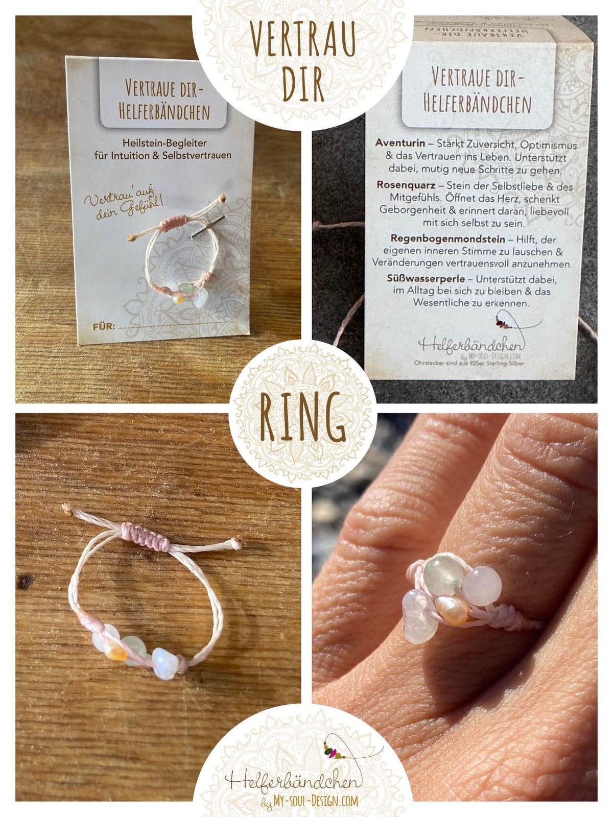 Helferbändchen® Vertrau Dir – Edelsteinschmuck mit Aventurin, Rosenquarz, Regenbogenmondstein und Süßwasserperle