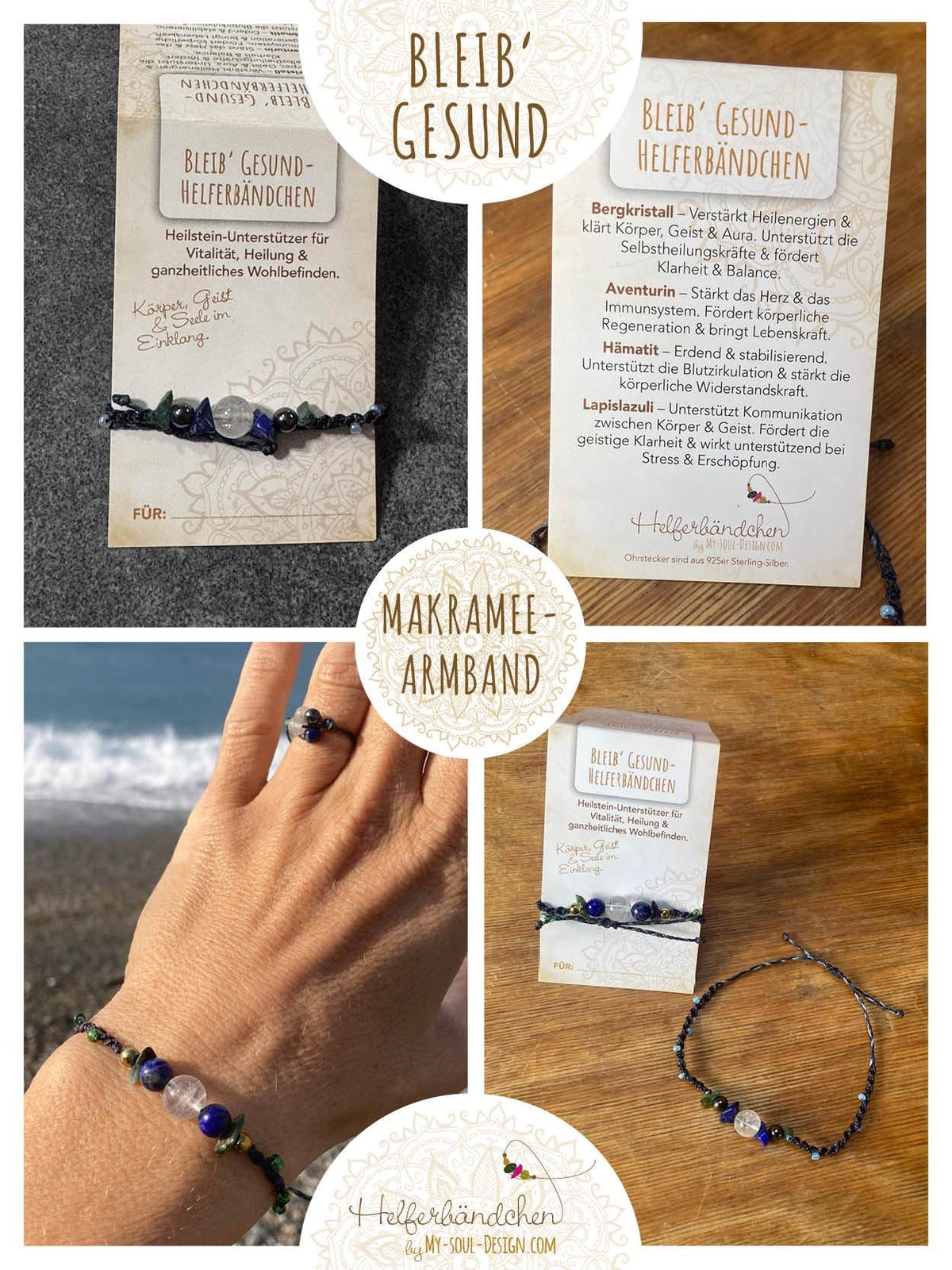 Helferbändchen® Genesungswünsche – Edelsteinschmuck mit Bergkristall, Aventurin, Hämatit und Lapislazuli
