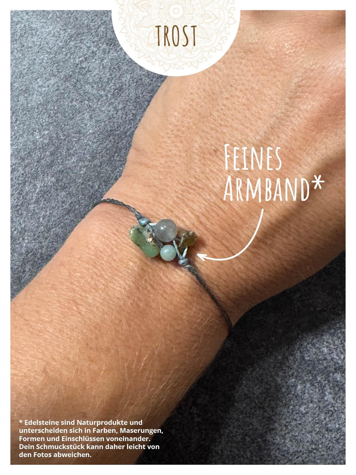 Helferbändchen® Trost – Edelsteinschmuck mit Amazonit, Labradorit, Chrysopras und Rauchquarz