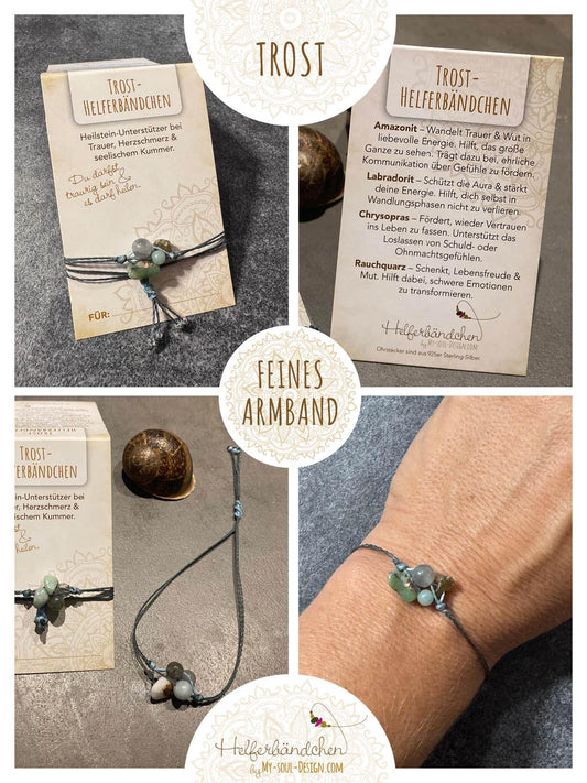 Helferbändchen® Trost – Edelsteinschmuck mit Amazonit, Labradorit, Chrysopras und Rauchquarz