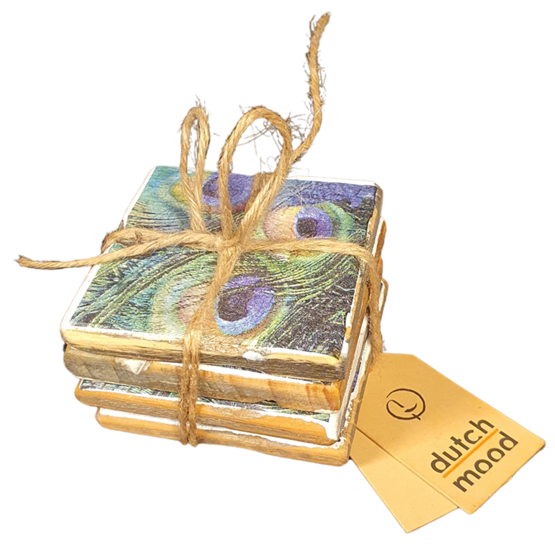 Untersetzer Old Dutch Pfauenfedern, 4er-Set 9 x 9 cm