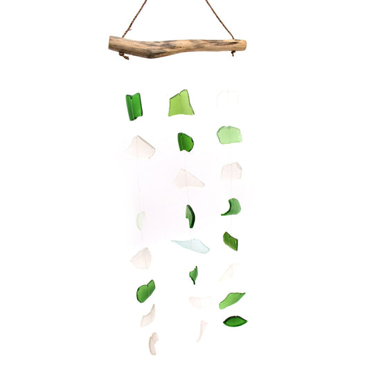 Windspiel aus Recyclingglas – drei Tropfen Grün/Weiß
