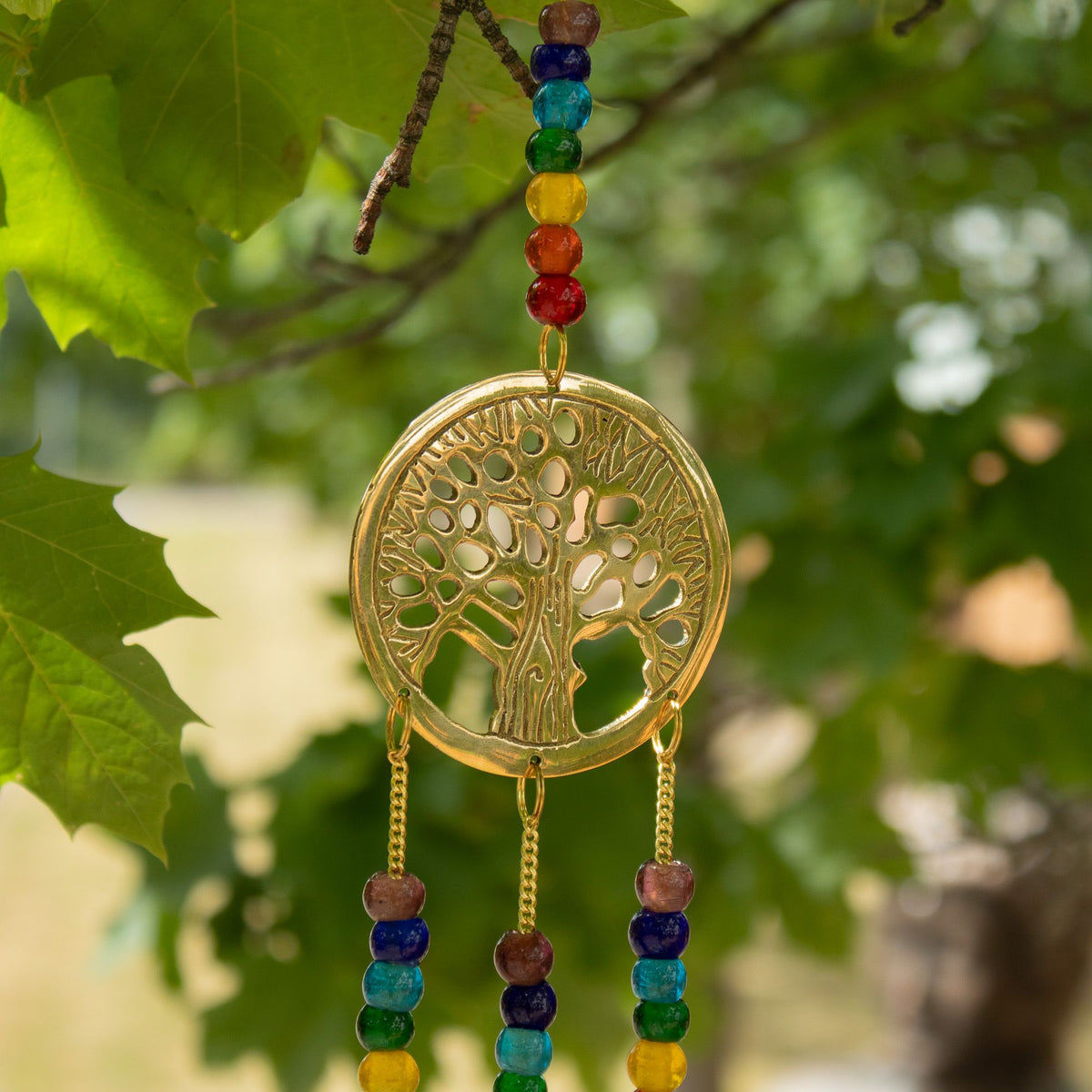 Messing-Glockenspiel Lebensbaum mit Chakra-Perlen – 3 Glocken