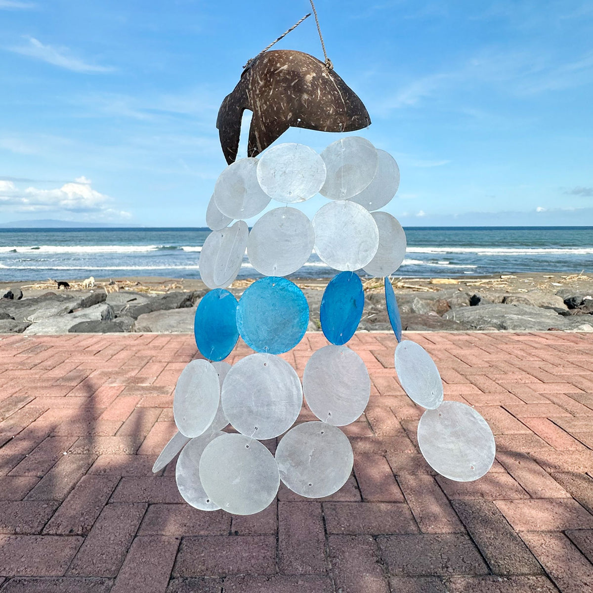 Windspiel Kokos & Capiz – Delfine Blau – 30 cm