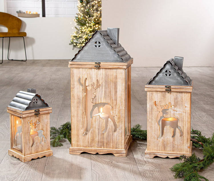 Holzlaternen „Cabari“ mit Hirschmotiv