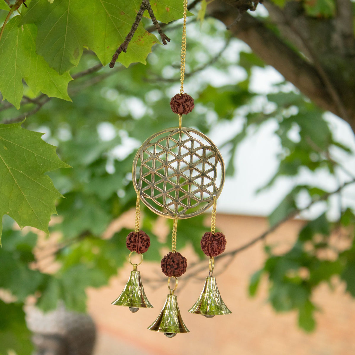 Glockenspiel – Messing Blume des Lebens mit Rudraksha – 3 Glocken