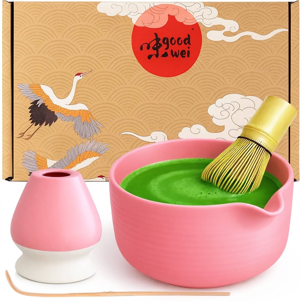 Matcha-Set „Ume“ – Schale mit Ausguss 450 ml, Besen, Halter & Löffel