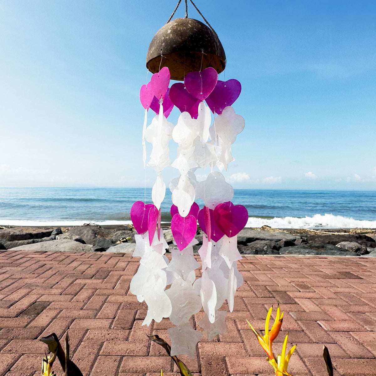Windspiel Kokos & Capiz – Rosa/Weiß – 35 cm