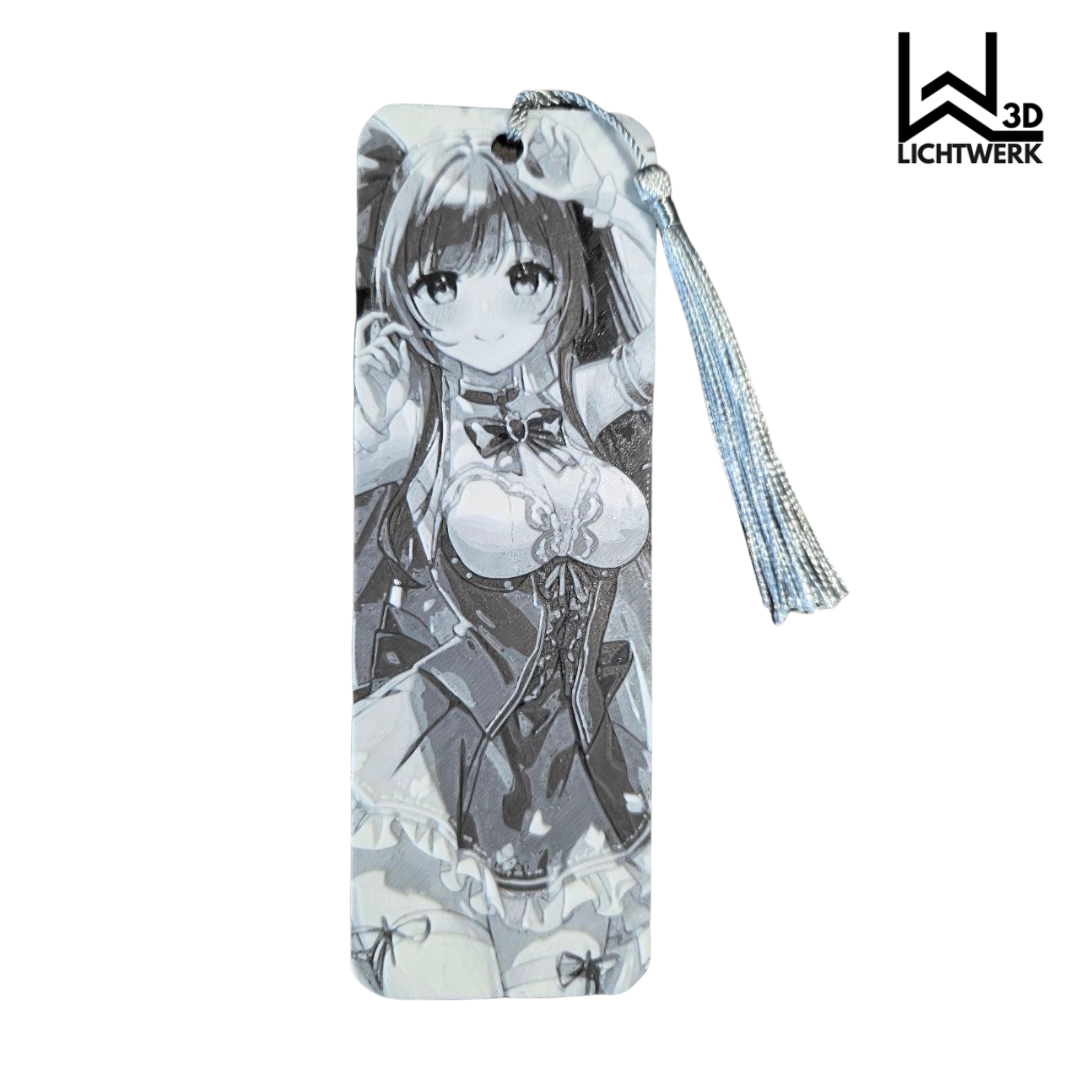 3D-gedrucktes Lesezeichen „Anime Girl“ – stilvolles Manga-Design in edler Carbon-Optik auf der Rückseite