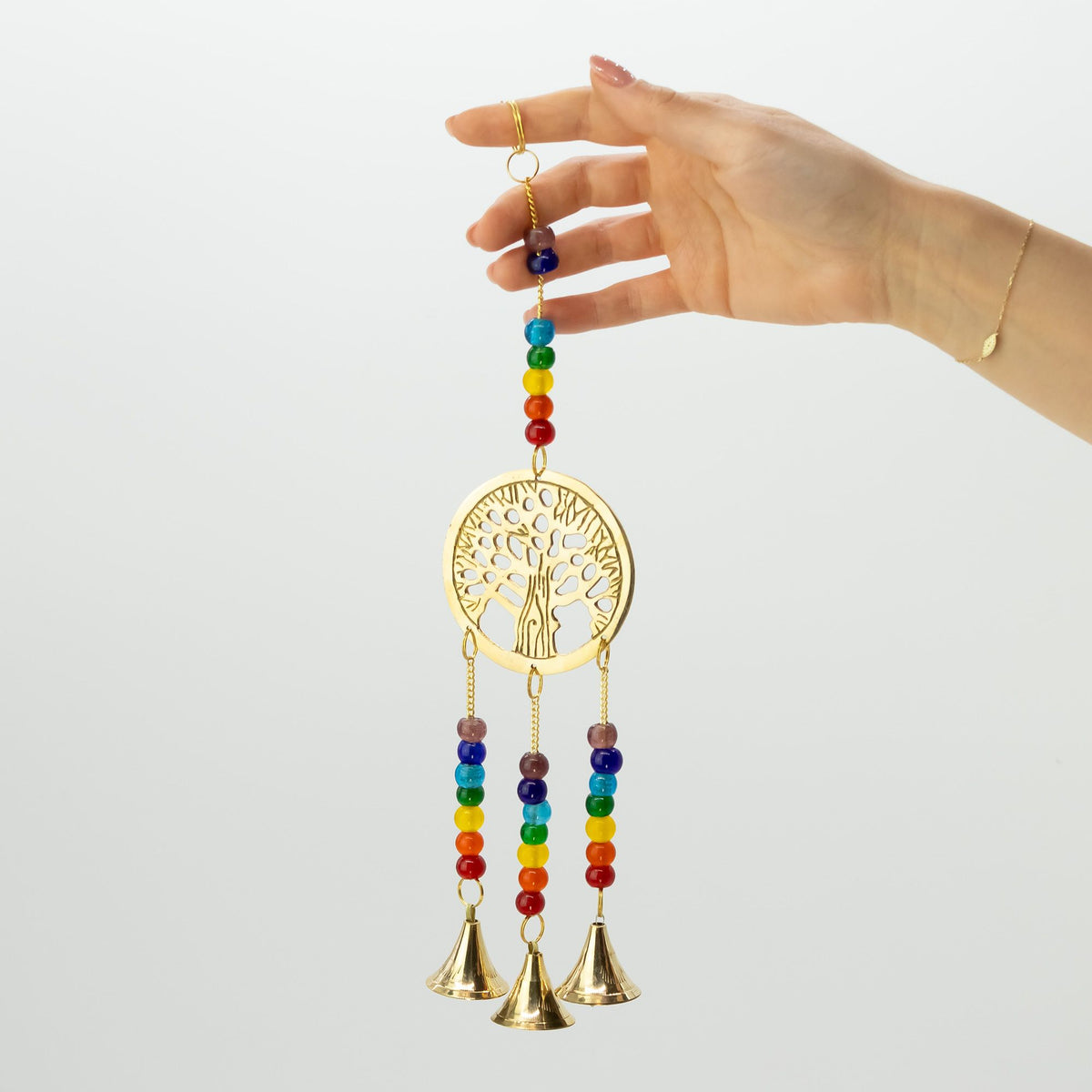 Messing-Glockenspiel Lebensbaum mit Chakra-Perlen – 3 Glocken