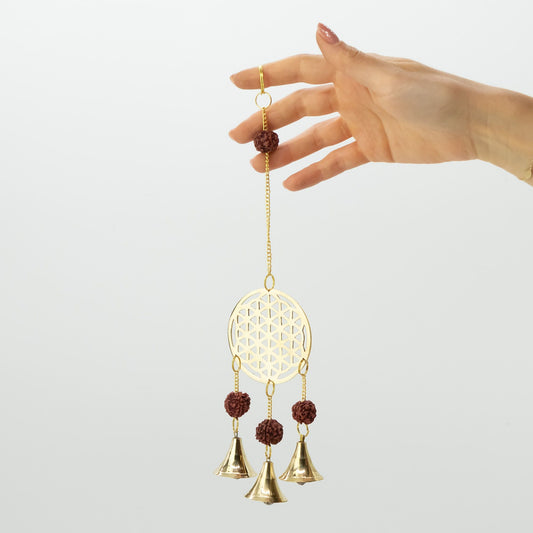 Glockenspiel – Messing Blume des Lebens mit Rudraksha – 3 Glocken