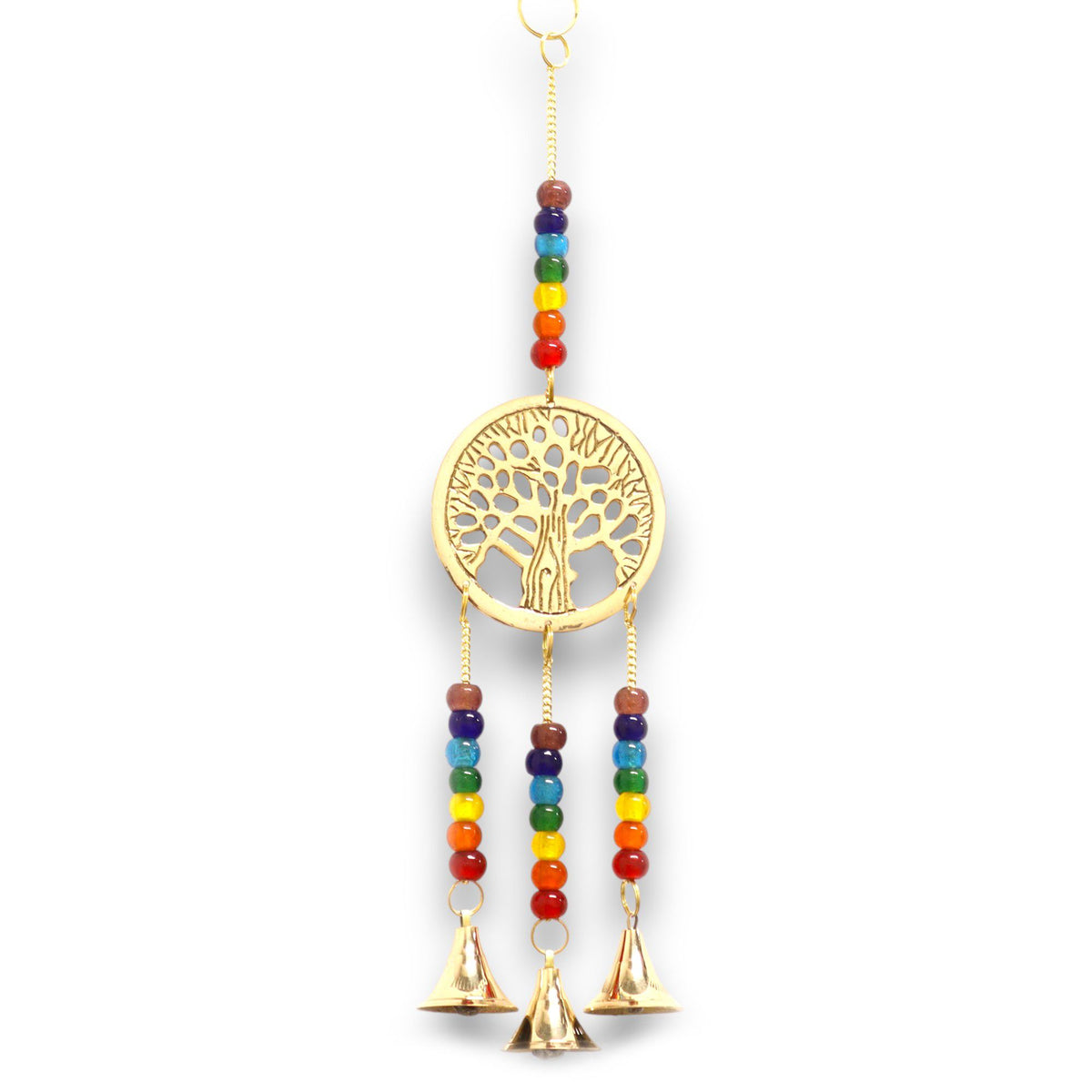 Messing-Glockenspiel Lebensbaum mit Chakra-Perlen – 3 Glocken