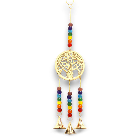 Messing-Glockenspiel Lebensbaum mit Chakra-Perlen – 3 Glocken