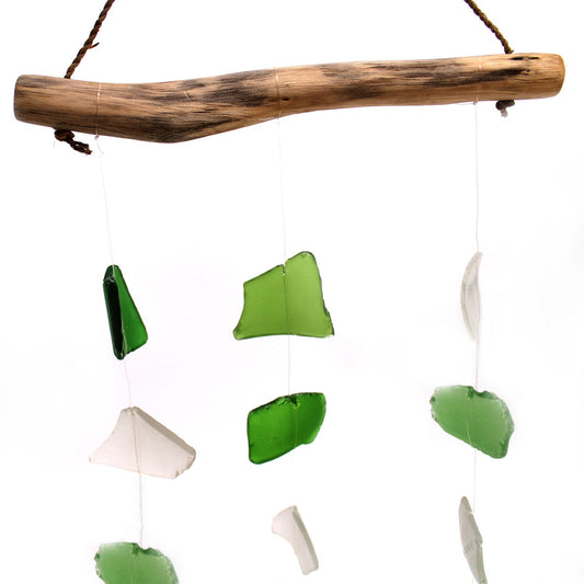 Windspiel aus Recyclingglas – drei Tropfen Grün/Weiß