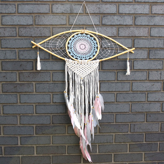 Traumfänger Makramee groß – Auge – Blau/Weiß/Rosa