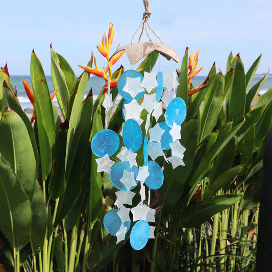 Windspiel Kokos & Capiz – Sterne Blau/Weiß – 30 cm