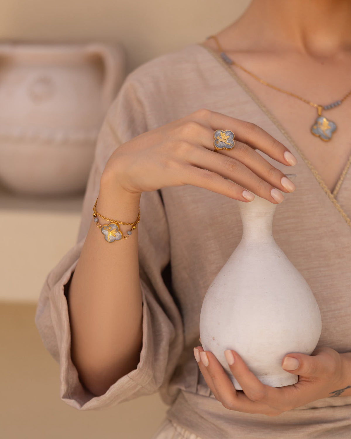 Kleeblatt-Set – Ring, Armband und Kette