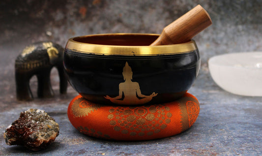 Klangschalen-Set – Buddha schwarz/orange – 14 cm
