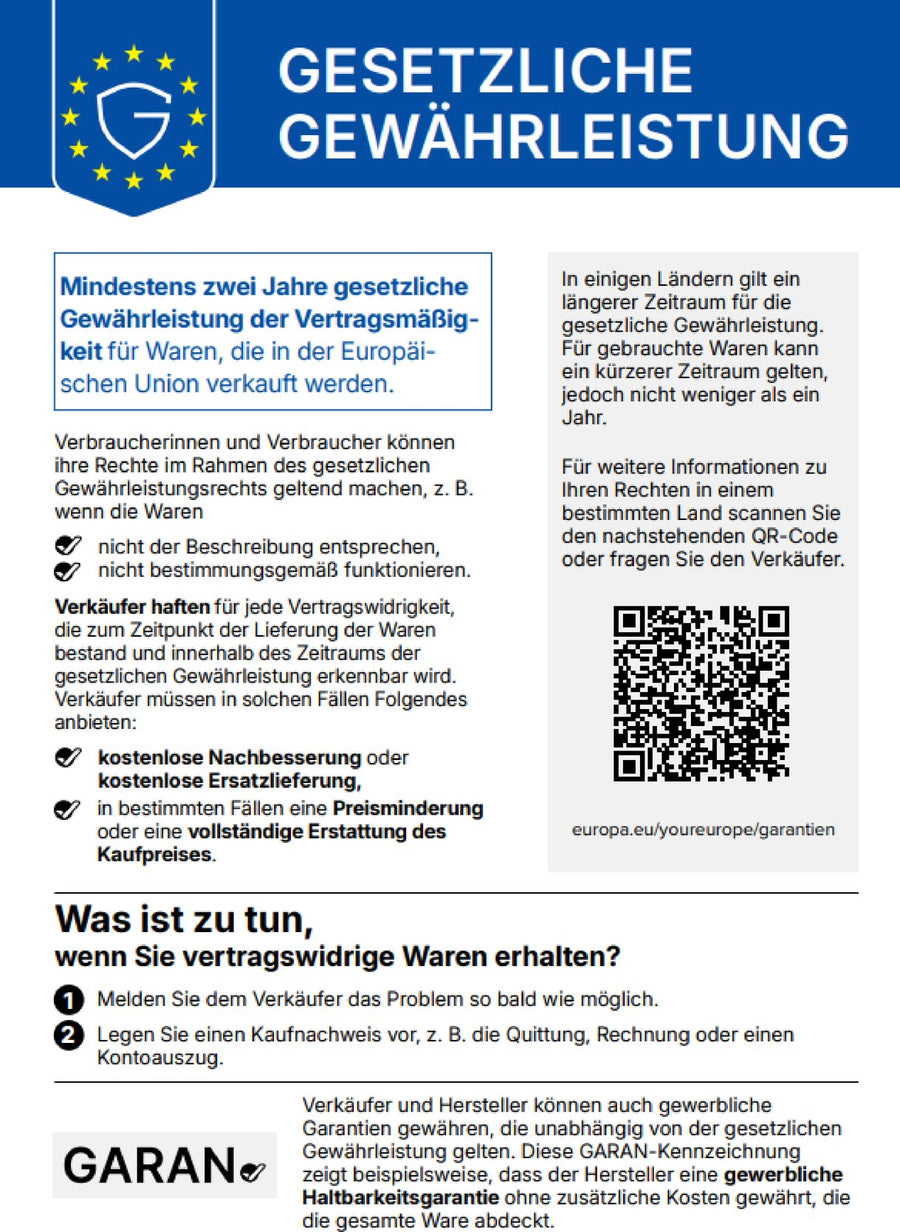 Harmonisierte EU-Mitteilung: Gesetzliche Gewährleistung – mindestens zwei Jahre gesetzliche Gewährleistung der Vertragsmäßigkeit für Waren, die in der Europäischen Union verkauft werden
