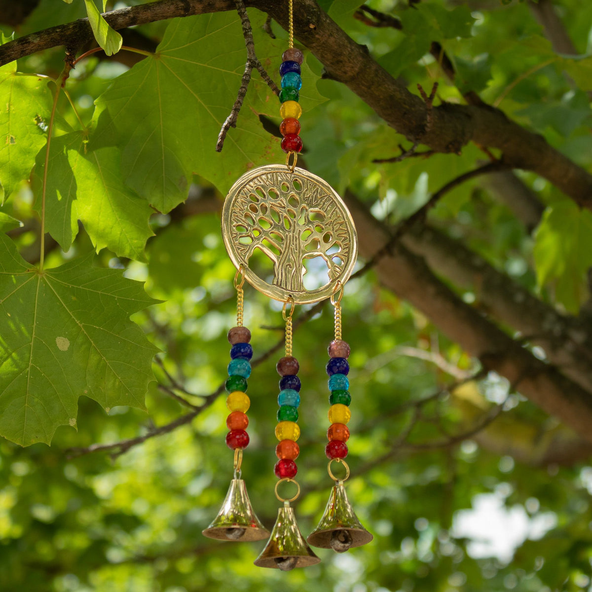Messing-Glockenspiel Lebensbaum mit Chakra-Perlen – 3 Glocken