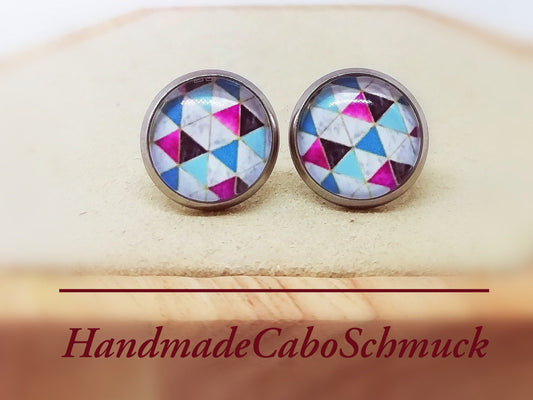 Ohrringe „Geometrisches Muster Weiß Pink“ – 12 mm