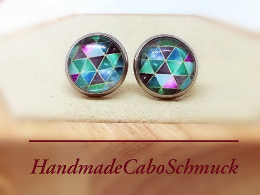 Ohrringe „Geometrisches Muster Grün Blau“ – 12 mm