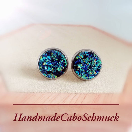 Ohrringe „Druzy Blau Glitzer Kristall“ – 12 mm