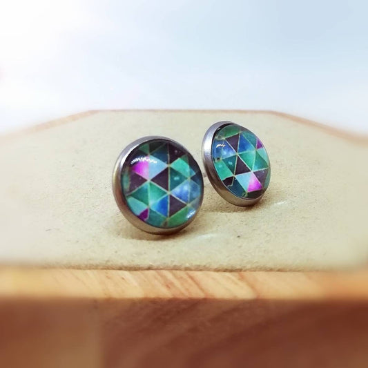 Ohrringe „Geometrisches Muster Grün Blau“ – 12 mm