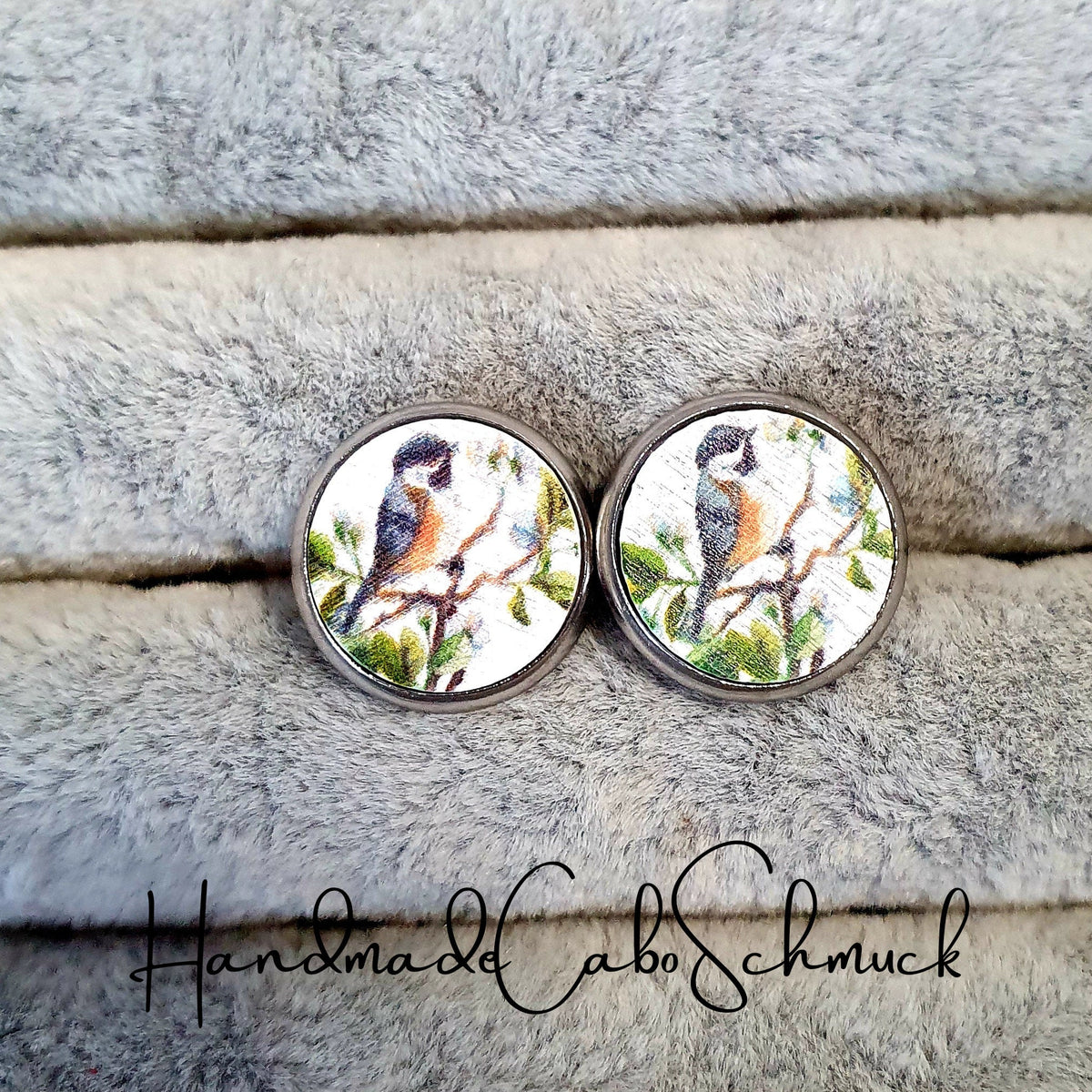 Ohrringe „Holzcabochon Vogelmotiv Vögel“ – 12 mm