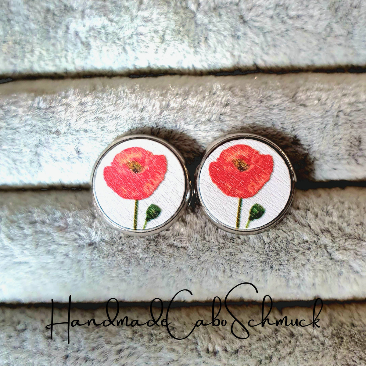 Ohrringe „Holzcabochon Blume Blumenmotiv Mohnblume“ – 12 mm