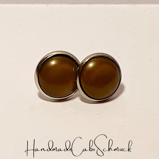 Ohrringe „Mondstein Perlen Optik Oliv“ – 12 mm