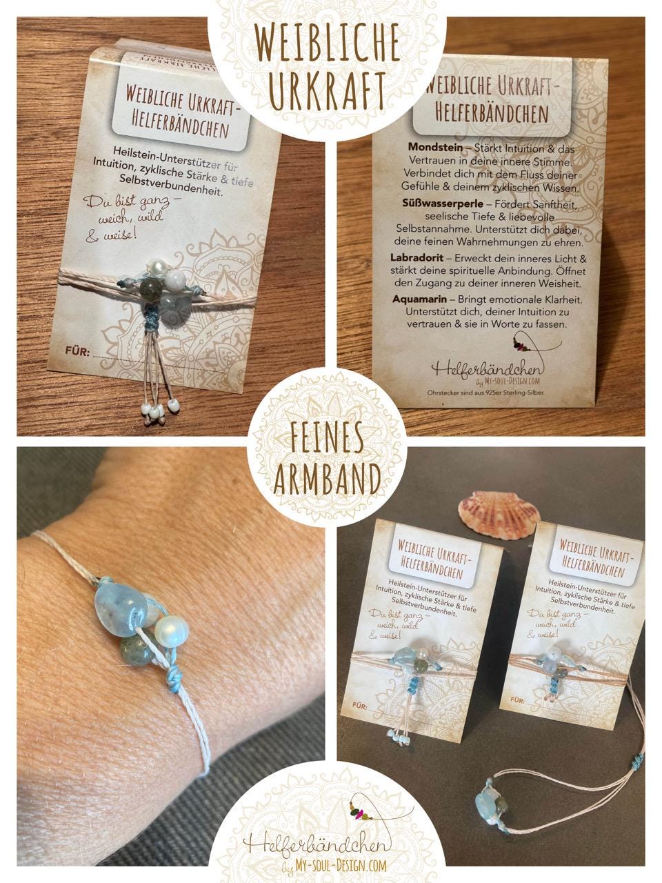 Helferbändchen® Weibliche Urkraft – Edelsteinschmuck mit Regenbogenmondstein, Labradorit und Aquamarin