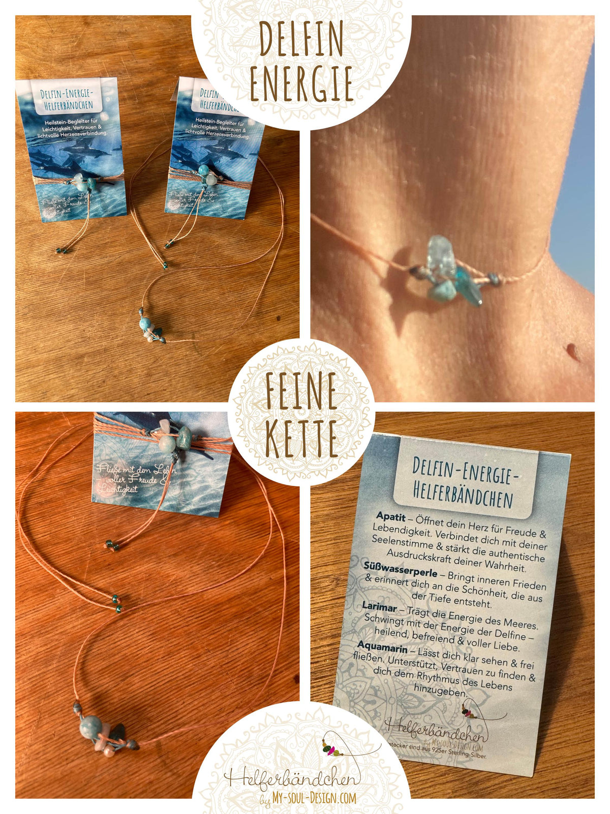 Helferbändchen® Delfin-Energie – Edelsteinschmuck mit Aquamarin, Larimar, Apatit und Süßwasserperle