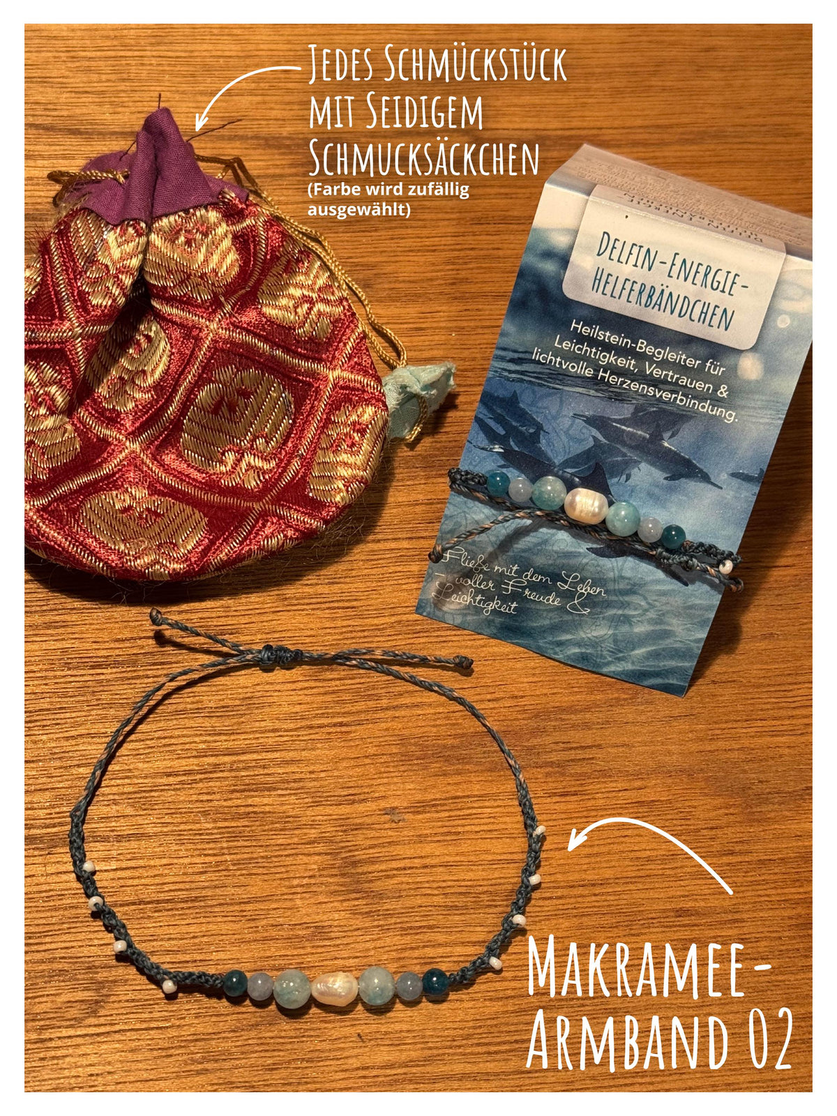 Helferbändchen® Delfin-Energie – Edelsteinschmuck mit Aquamarin, Larimar, Apatit und Süßwasserperle