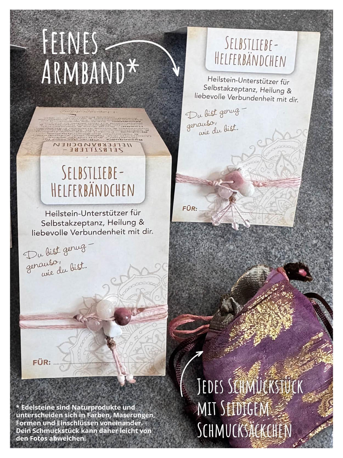 Helferbändchen® Selbstliebe – Edelsteinschmuck mit Rosenquarz, Rhodonit, Howlith und Mondstein